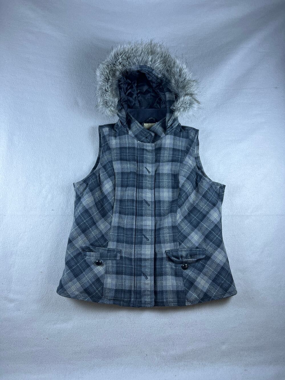 Sonoma Y2k Fur Hooded Jacket Vest Womans Large Checkered 2000's Stripped